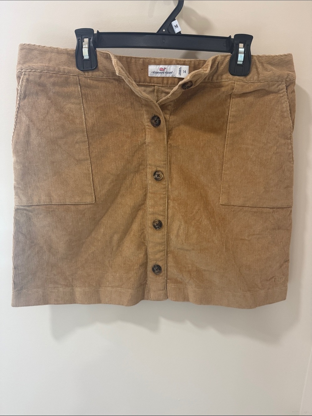 Vineyard Vines Camel Corduroy Button-Front Mini Skirt with adjustable waist